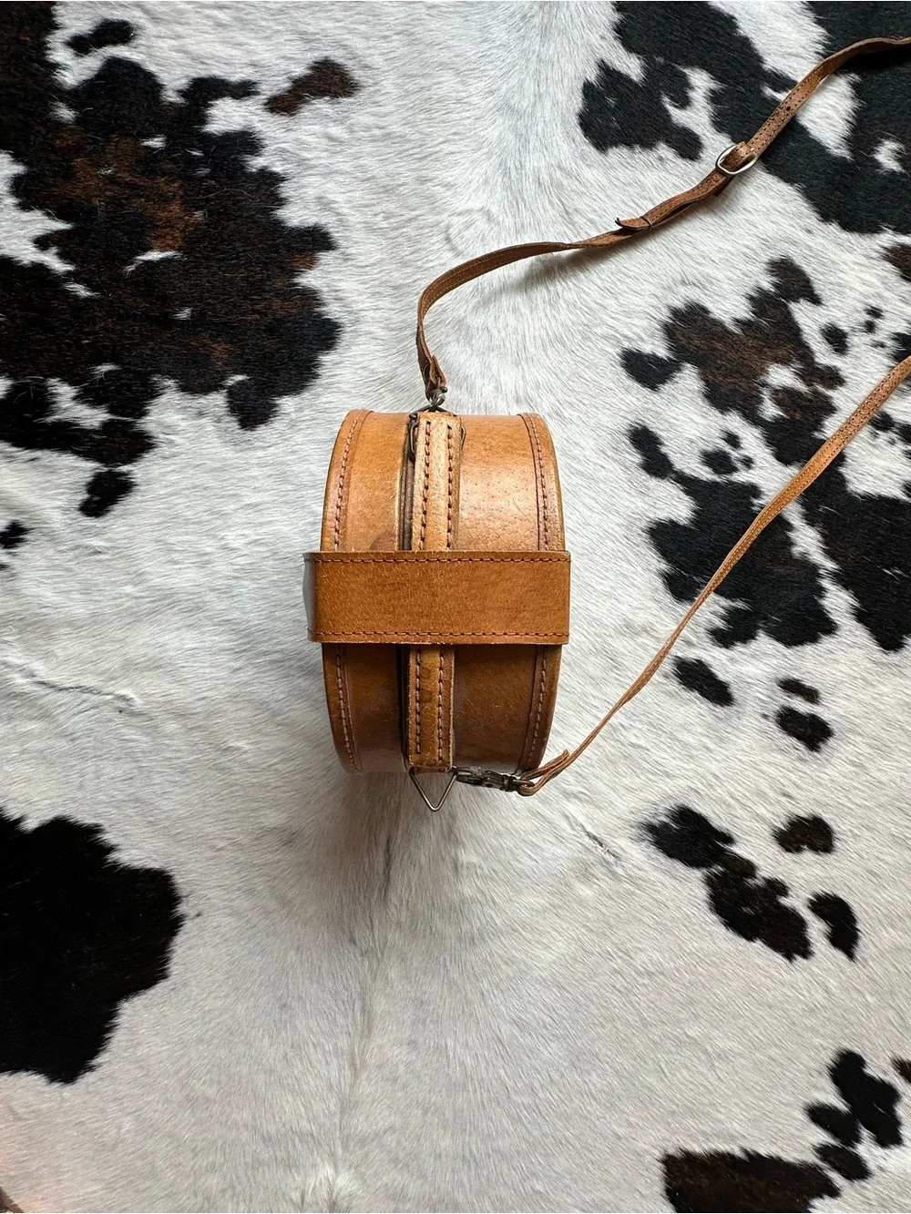 Vintage Leather Pillbox Crossbody Purse with Travel Stickers & Magnetic Closure